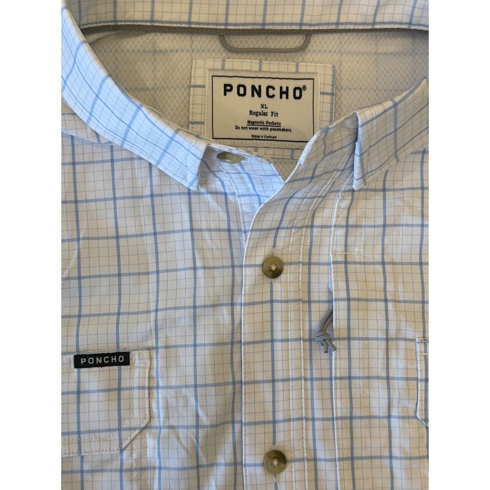 Poncho The Andros Town Long Sleeve XL Fishing Shirt Blue White Grid Magnetic